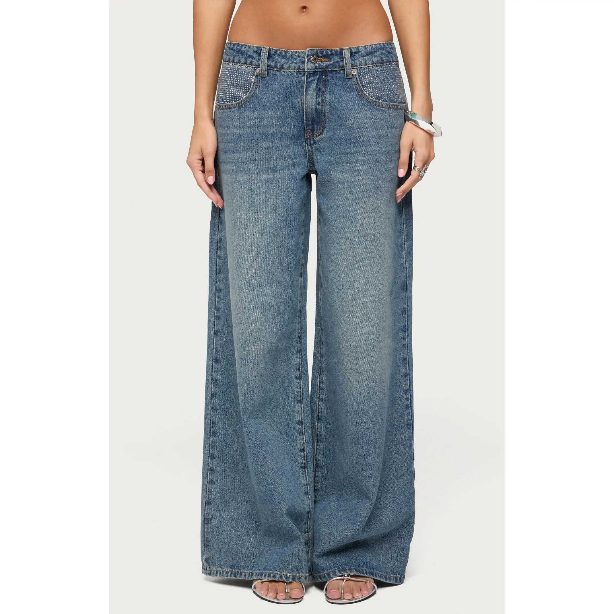 Edikted Women's Rhinestone Low Rise Wide Leg Jeans