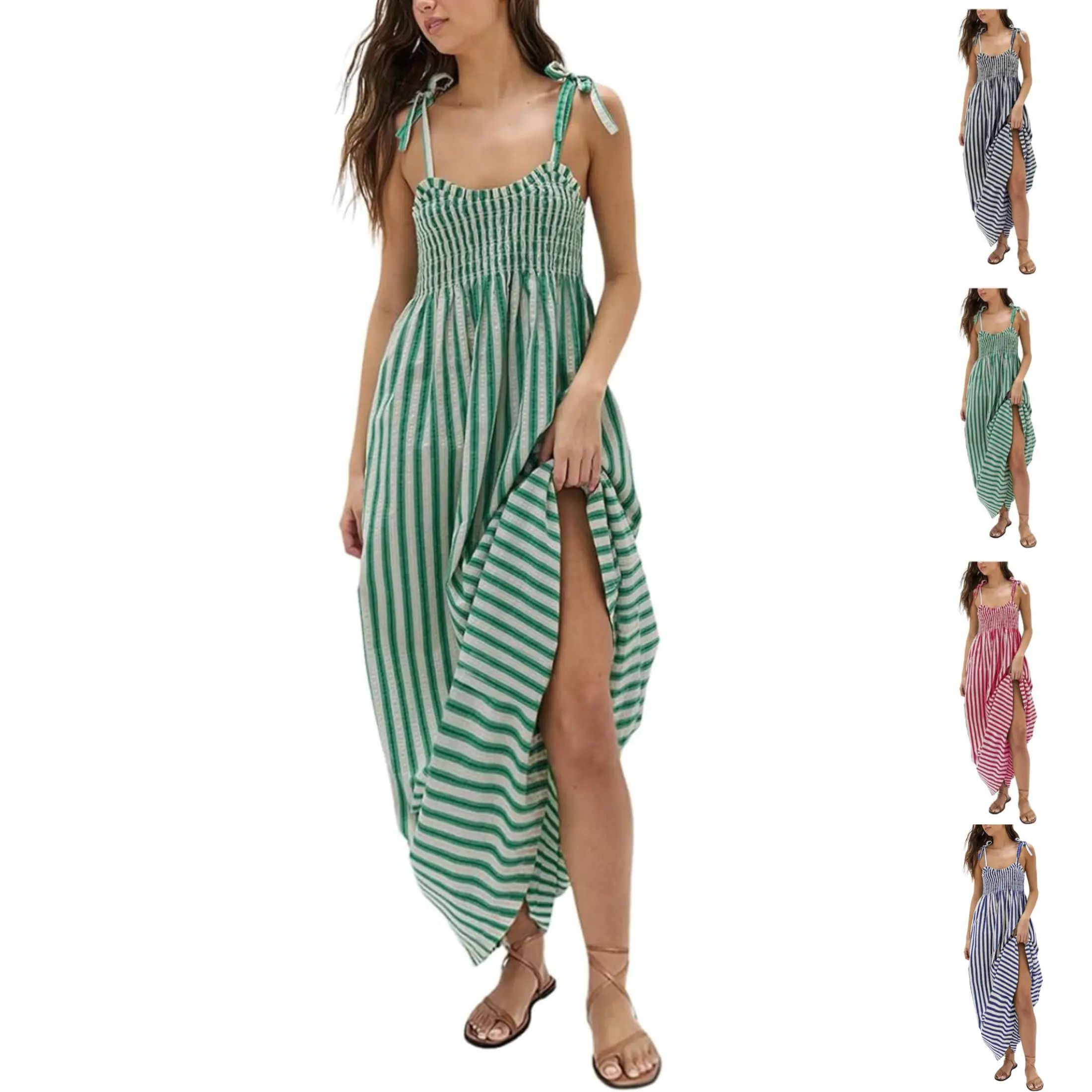 JovenPara Women's Striped Smocked Sleeveless Spaghetti Strap Maxi Dress - Casual Comfy Chic Beachy Style Sun Dress with Pockets, Breezy Maxi Drape for Casual Everyday Wear, Beachy Style Dress
