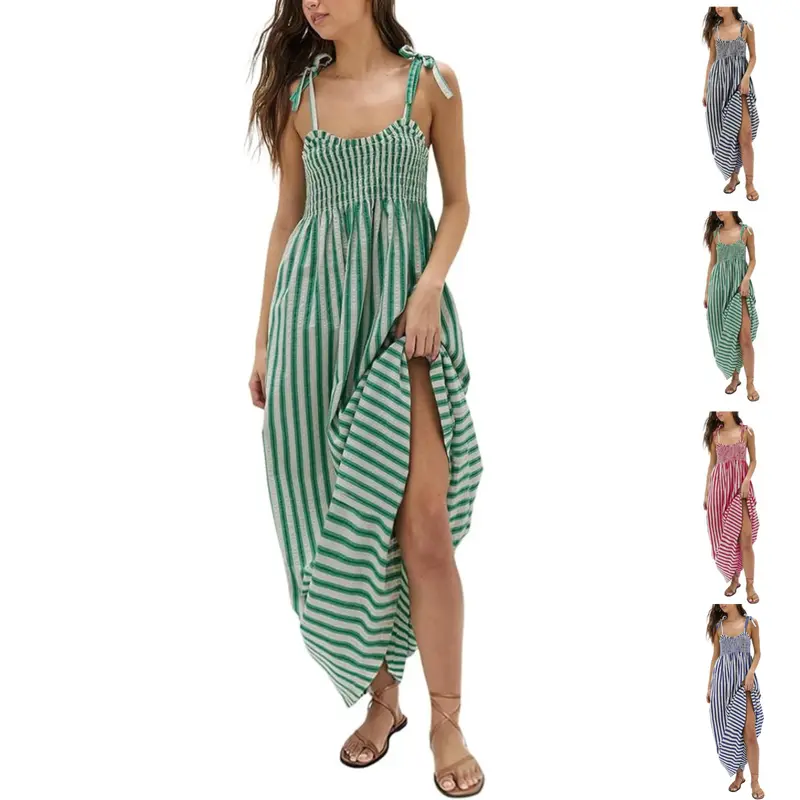 JovenPara Women's Striped Smocked Square Neck Sleeveless Spaghetti Strap Polyester Maxi Sundress - Elegant, Casual, Comfy, Breezy Drape, Pockets, Beachy Everyday Wear