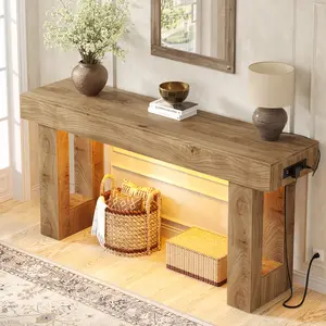 63'' Farmhouse Console Table with Power Outlets and Motion Sensor Light, Wooden Entryway Table Sofa Table for Entrance, Hallway, Living Room