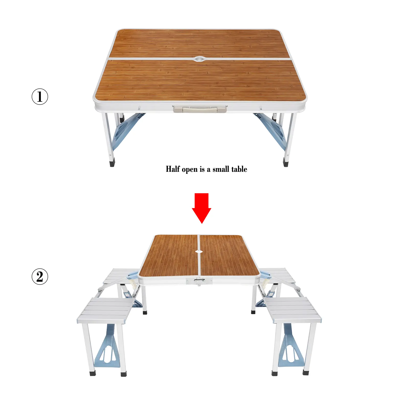 Portable Folding Camping Table Set with 4 Stools, Modern Aluminum Alloy Suitcase Design with Wood Grain Finish for Outdoor Picnics, One Piece, Table + Stools