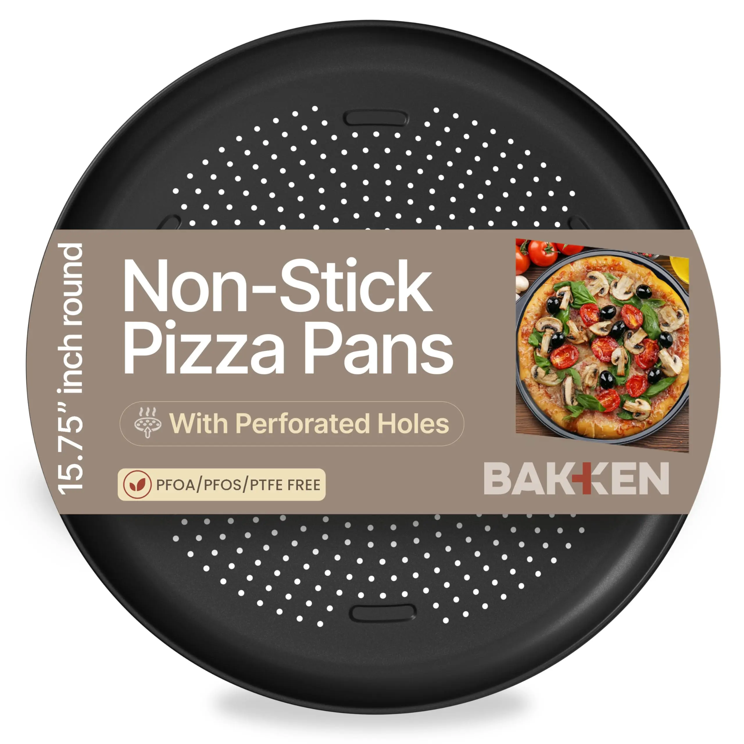 Bakken 16 Inch Non-Stick Pizza Pan 1 Pack, Round Carbon Steel Pizza Tray with Perforated Holes, PFOA, PFOS, & PTFE-Free, Dishwasher & Oven Safe Up To 450°F, Durable Nonstick Coating