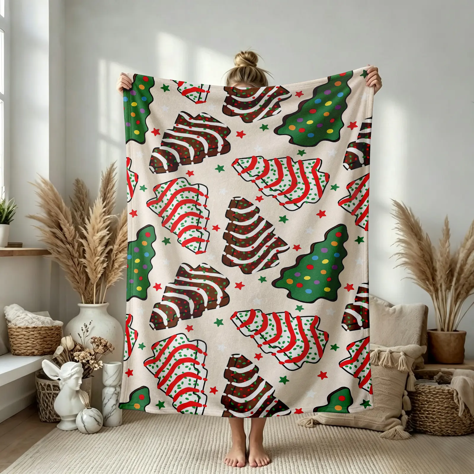 Extra-Large Christmas Tree Pattern Throw Blanket - Soft Candy Cane & Snowflake Design, All-Season Sofa/Bed Decor, Contemporary Christmas Gift Blanket