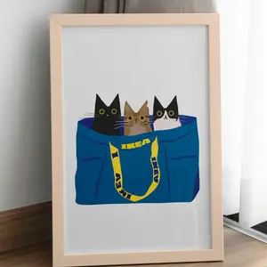 Cats Ikea Bag Custom Cat Portrait Handdrawn 3 Cats Shopping mall Cats Artwork Cats Unique Christmas Gift Cat Mom Room Decor, Unframed