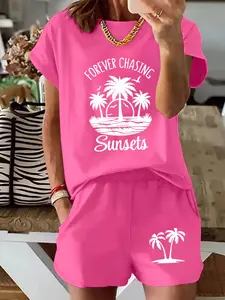 Spring Summer Short Sleeve Shorts Set, Palm Tree Sunset Geometric Graphic Print, Casual Beach Vacation Style, Round Neck Tee, Women's Fashion
