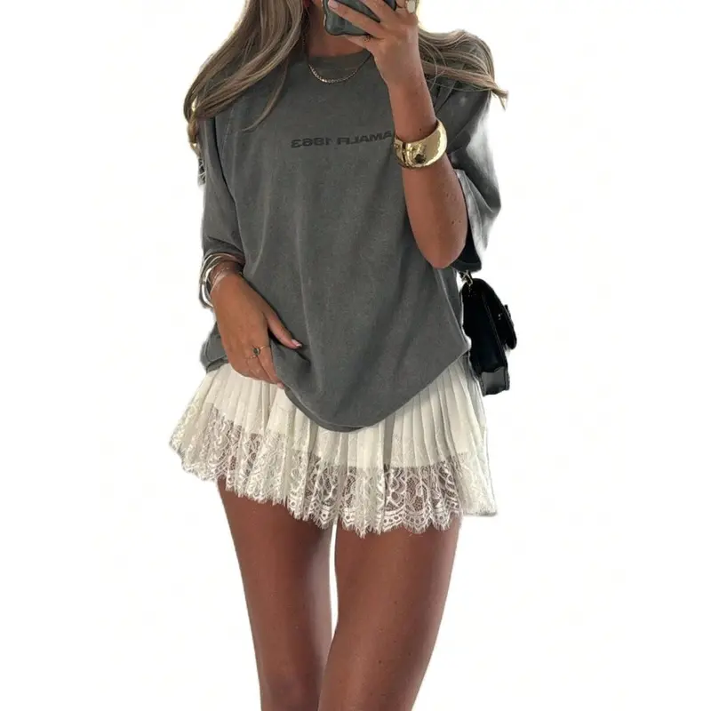 Women Eyelash Lace Trim Short Mini Skirt High Waist Pleated Ruffle Half Slip Underskirts Layered Satin Short A-Line Skirt Beachwear Party Clubwear