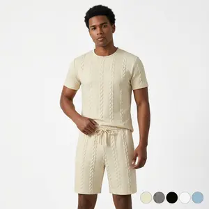 Men's 2 Piece Shortsleeve Set Round Neck T Shirt & Drawstring Shorts Plain Cable Knit Textured Look Breathable Stretch Lightweight Casual Loungewear for Daily Wear Beach Clothes Menswear