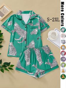 two pieces women's button front shirt & elastic waist shorts pyjama set, fitted short sleeve lapel top & pj pants set, homewear & loungewear, pajamas for women, casual pajamas, summer wear, pj sets for women, please purchase a size up, womenswear