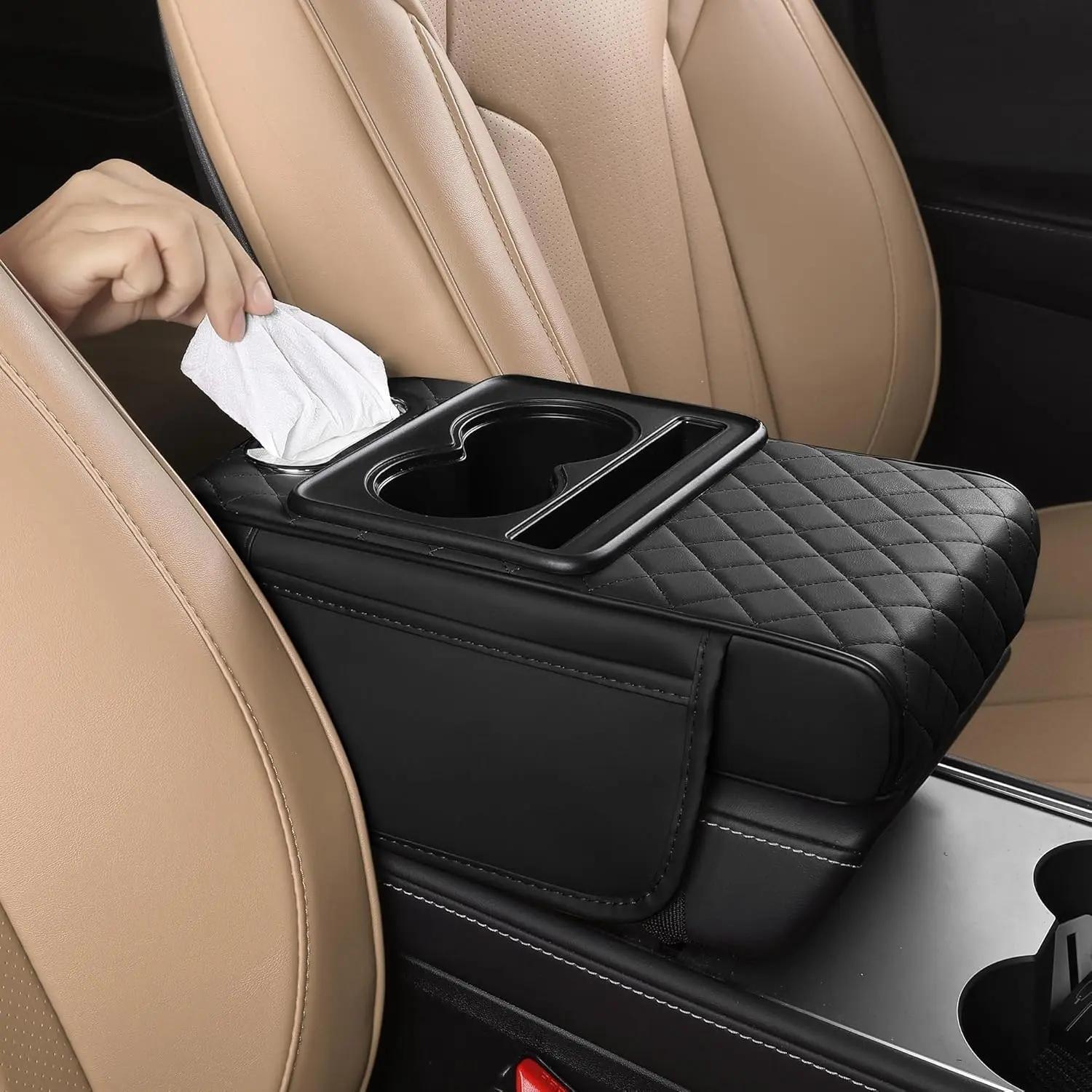 Universal Arm Box Pad Cover-Car Armrest Cushion,5-in-1 Center Console Cover with 2Storage Bags Cup Holder,Tissue Box Slot,Phone Slot for Sedans,Car Accessories Interior Organizers,Car Center Console Armrest Pillow,Leather Car Armrest Cushion
