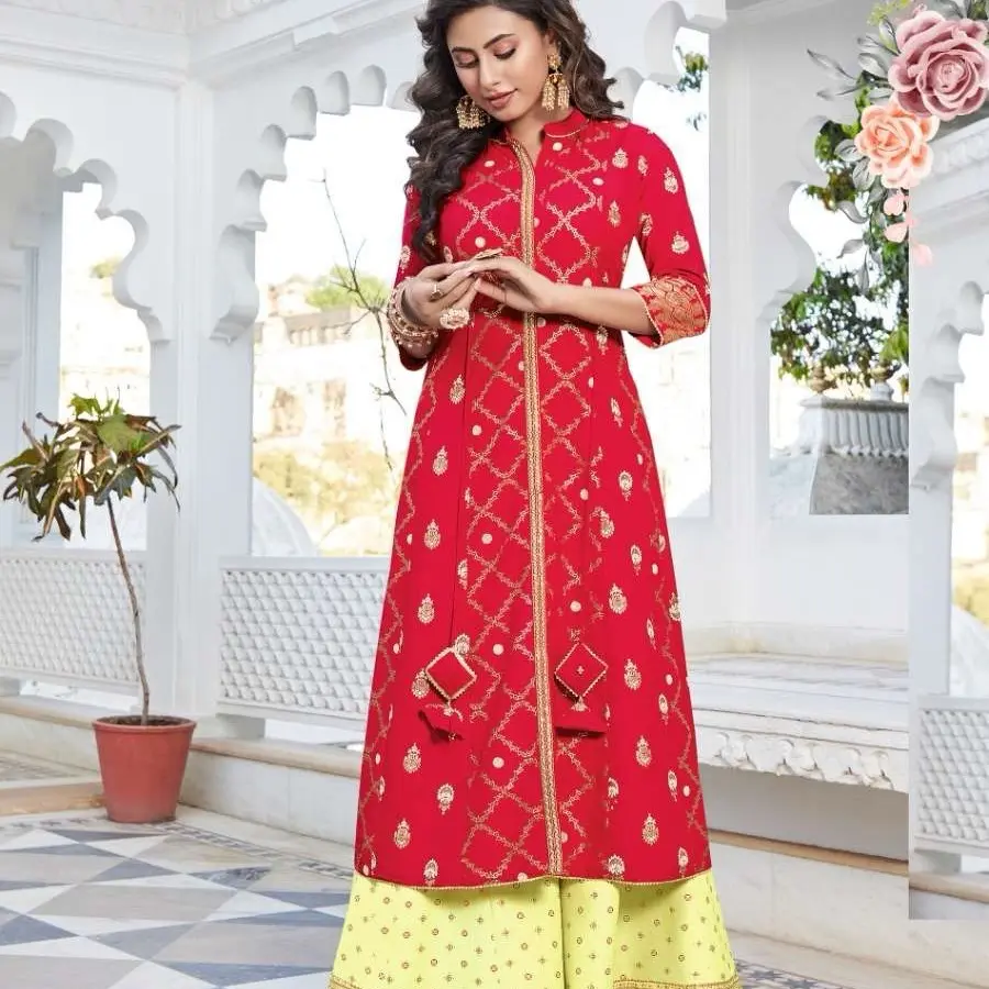 2pcs Rayon Set with Sharara, Foil Print and Embroidery Sequence Work - Dress, Traditional suit _