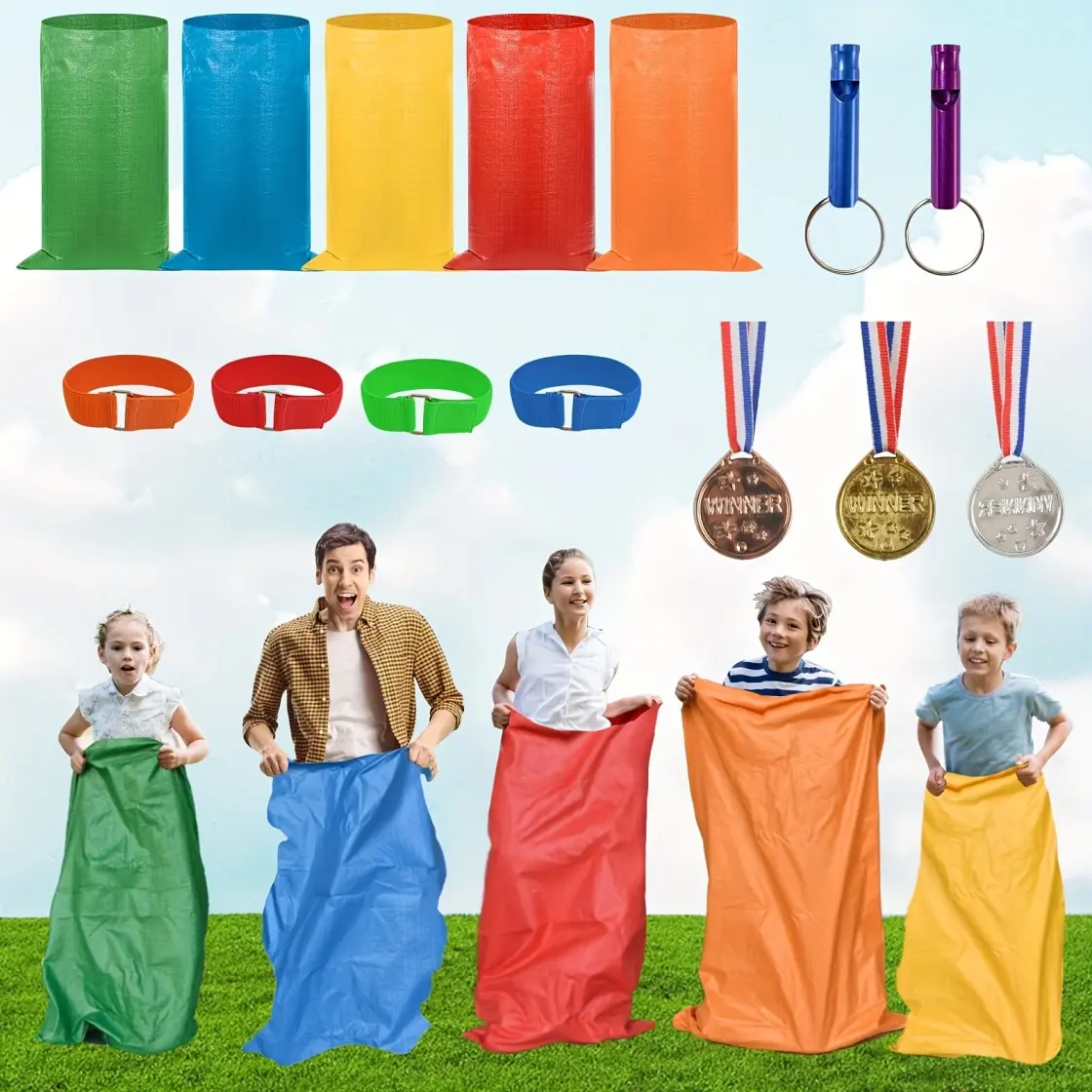14 Pcs Potato Sack Race Bag Set Outdoor Lawn Party Games with Potato Sacks Three-Legged Race Bands  Plastic Medals Carnival Sports Day Games for Adults  Family Holiday Party Supplies for Halloween Christmas New Year  Valentine's Day Birthday Gift Kit Good