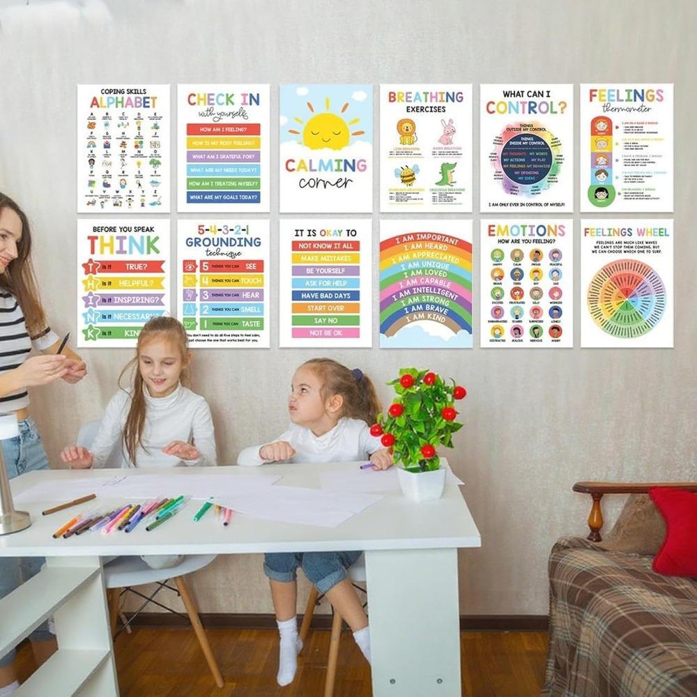 12Pcs Calming Emotions Posters(10x14),ESL Emotions Chart For Kids,Calm Down Corner Supplies,Classroom & Therapy Office Decor,Visual Learning To Boost EQ,For Preschool Elementary Homeschool,Cute Children's Day Gift,Ideal For Preschool Homeschool Counselor