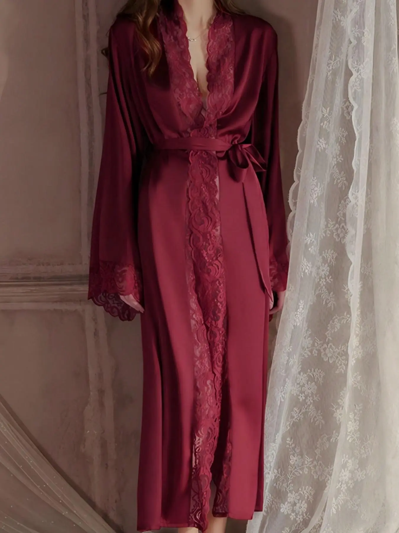 Women's Contrast Lace Adjustable Belted Silky Satin Lightweight Robe, Long Sleeve V Neck Lounge Robe, Bride's Robe, Women's Elegant Casual Sleepwear & Loungewear for Spring & Fall, Gowns