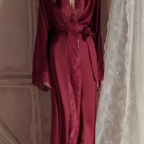 Women's Contrast Lace Adjustable Belted Silky Satin Smooth Lightweight Robe, Long Sleeve V Neck Lounge Robe, Bride's Robe, Women's Elegant Casual Sleepwear & Loungewear for Spring & Fall, Gowns, Loungewear Bathrobe
