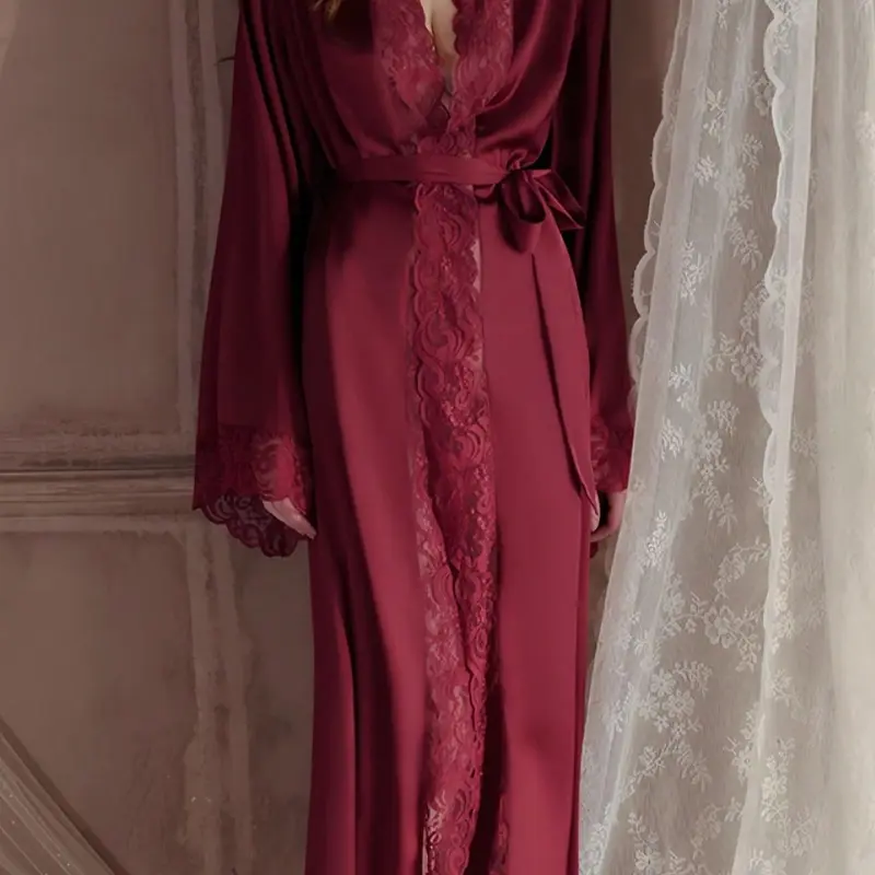 Women's Contrast Lace Adjustable Belted Silky Satin Smooth Lightweight Robe, Long Sleeve V Neck Lounge Robe, Bride's Robe, Women's Elegant Casual Sleepwear & Loungewear for Spring & Fall, Gowns, Loungewear Bathrobe