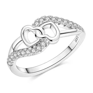 925 Silver-plated Minimalist Silver Plated Interlocking Heart Ring for Women, Dainty CZ Double Heart Everyday Jewelry, Simple Promise Friendship Gift