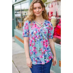 Sunny Days Light Teal Floral Criss Cross V Neck Babydoll Top