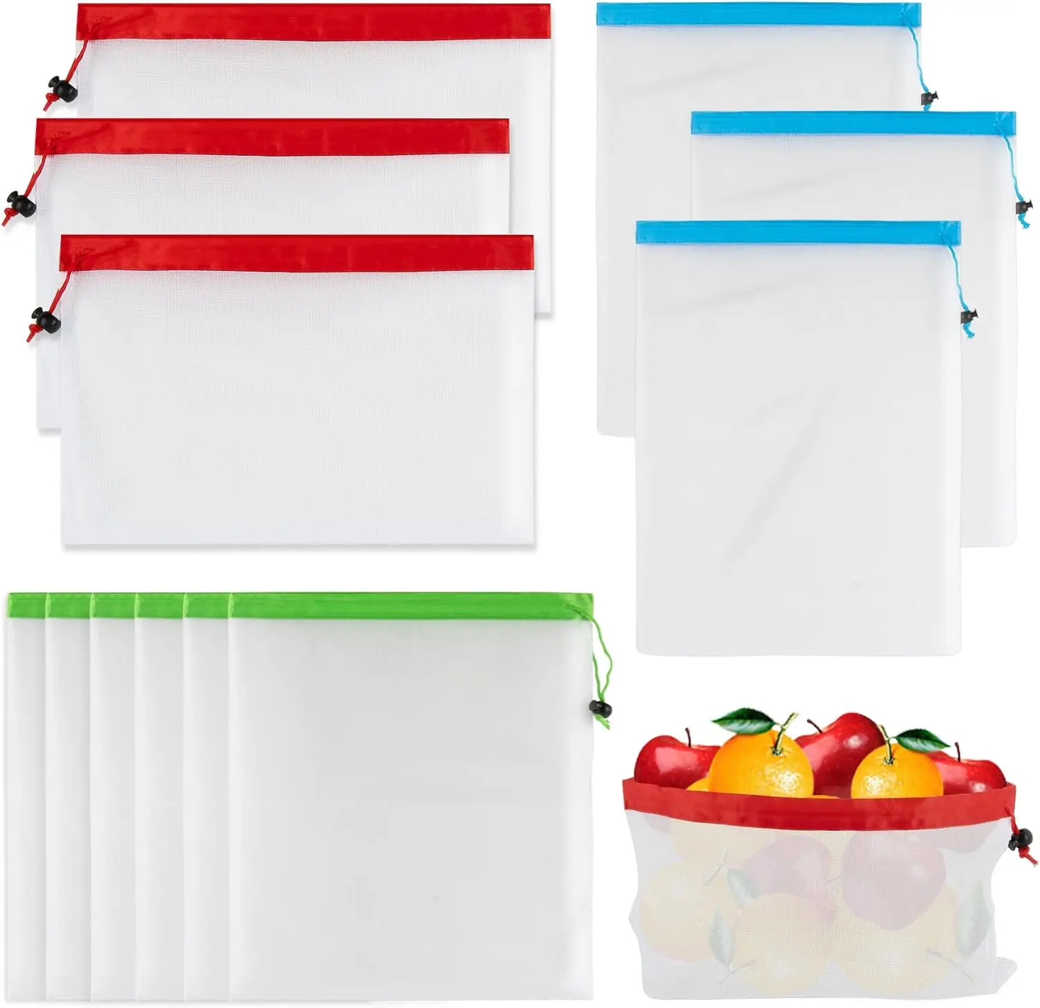 12PCS Reusable Produce Bags - Mesh Bags Drawstring for Food Storage | Washable Grocery Shopping Bag, Green Net Bag for Refrigerator Fruits Vegetables Protection, Keep Food Fresh, Toy Organization