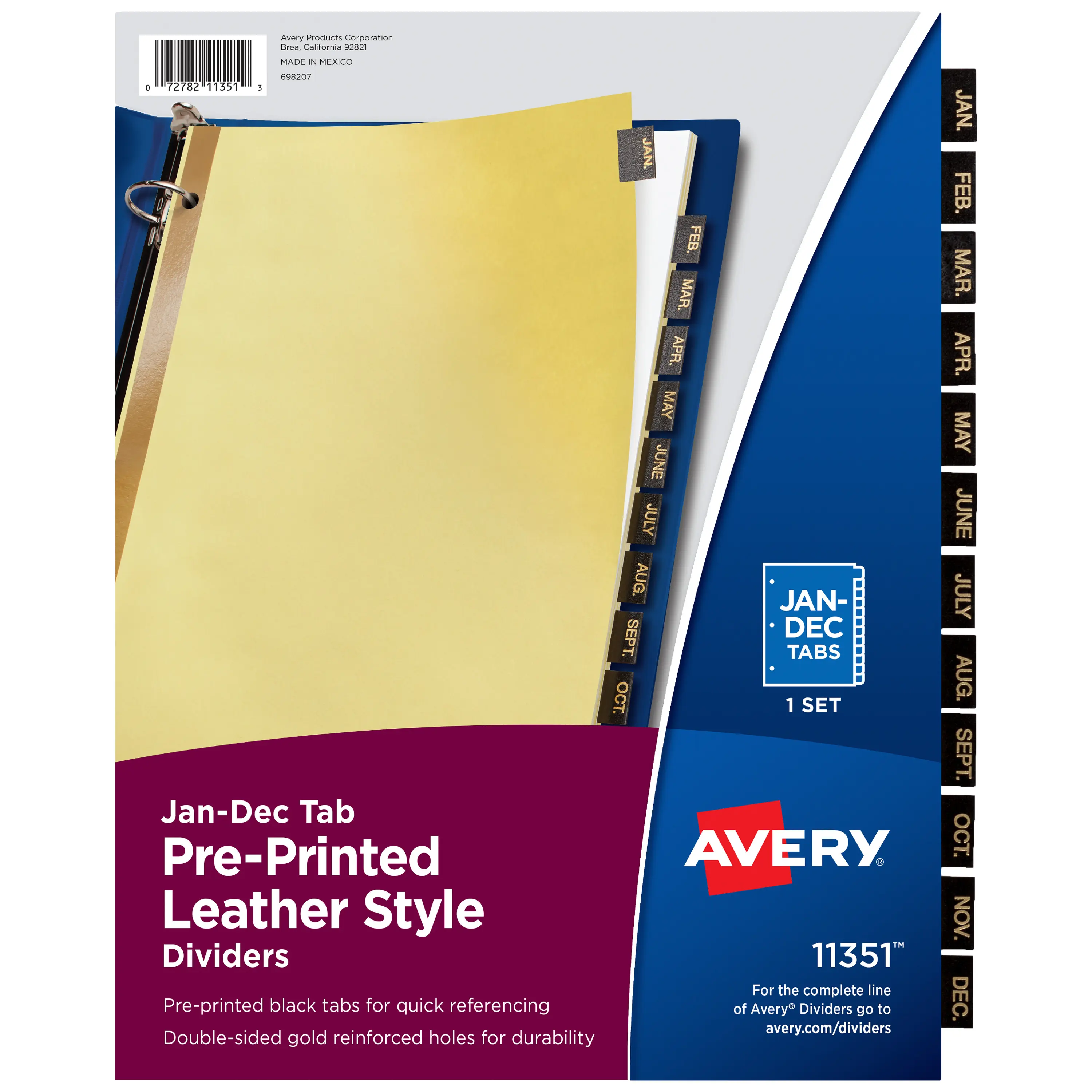 Avery Jan-Dec 3-Ring Binder Dividers, 12-Tab Set with Pre-Printed Black Leather Tabs, Monthly Docs Organizer, Tear-Proof, Double-Sided Gold Reinforced Holes, Gold-Colored Lettering, 1 Set (11351)