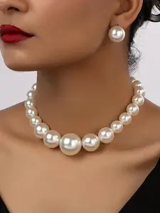 Fashion Pearl Necklace Earrings Set, Vintage Pearl Wedding Bridal Jewelry, Retro Pearl Necklaces for Women, Elegant Party Accessories