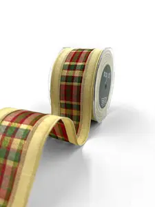 2.5" Buttercream Metallic Tartan Wired Ribbon