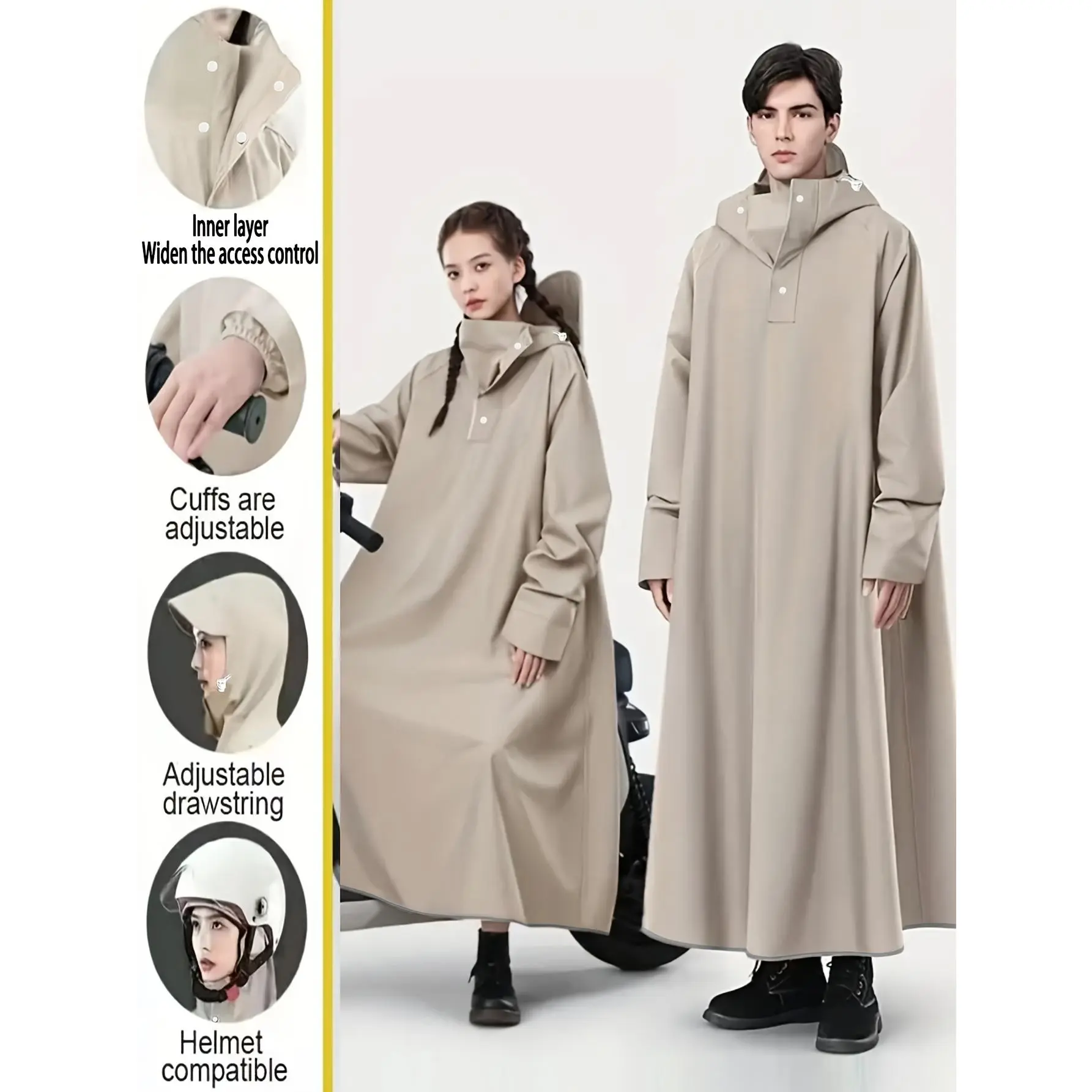 This Is a Heavy-Duty, High-Quality Multifunctional Raincoat Designed for Outdoor. It Features an Enlarged Collar And a Hood with Adjustable Drawstrings And a Brim That Can Accommodate a Helmet. The Sleeves Are Extended with Elastic Design