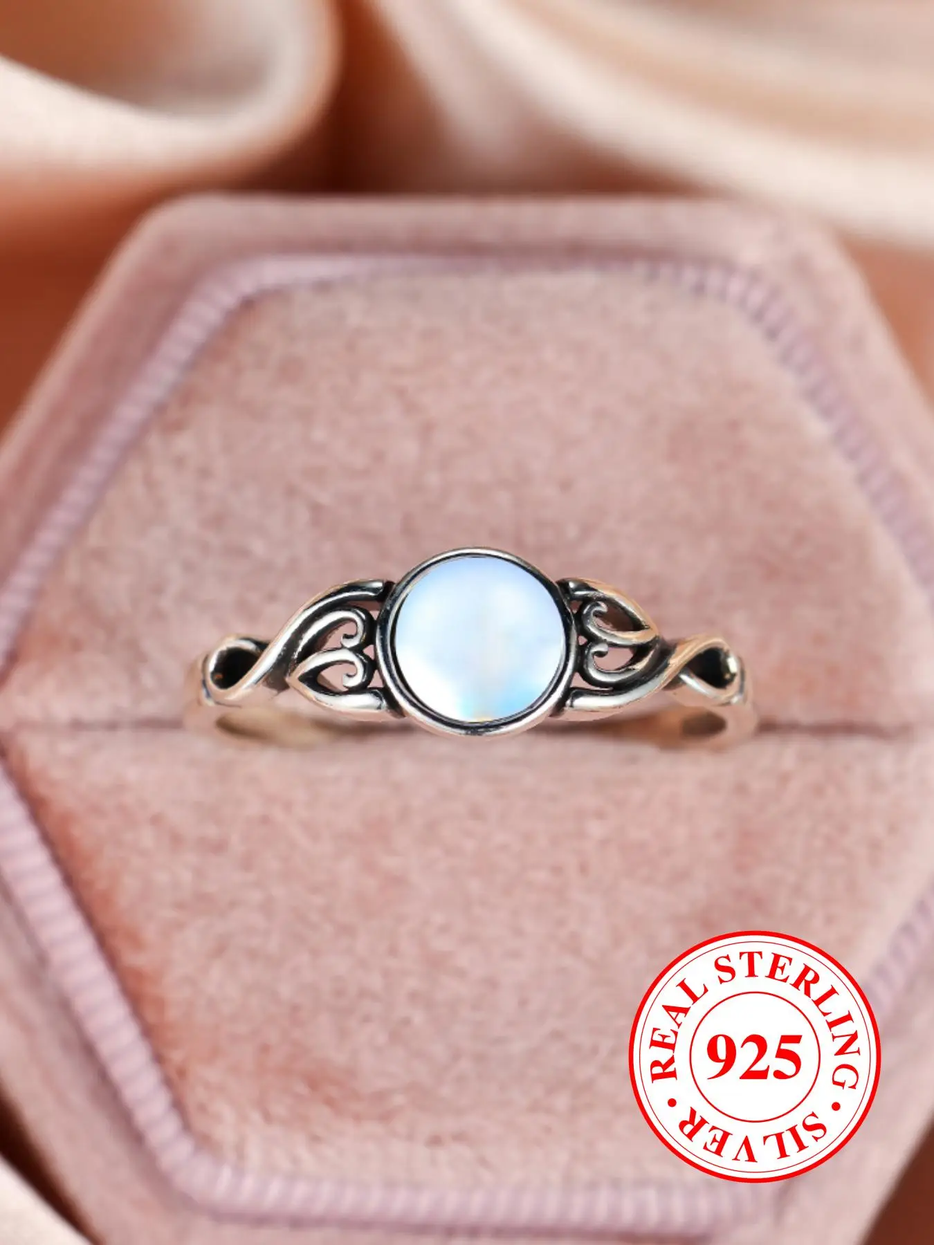 S925 Sterling Silver Moonstone Decorated Ring, Vintage Style Ring for Women, Fashion Jewelry Accessories for Wedding, Engagement, Birthday Gift with B