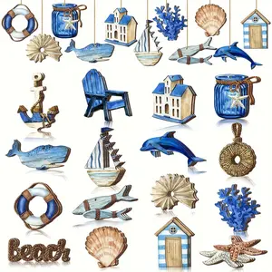 16-Piece Ocean-Themed Wooden Hanging Decor Set, Window Decoration, Festival Party Ornament, Indoor & Outdoor Summer Beach Décor, Hanging Ornaments