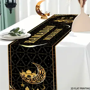 2D flat printing, 1-piece set of Eid al Fitr decorative table flags, Eid al Mubarak table flags, Happy Ramadan table flags, black and gold Eid party table decorations, durable linen material