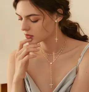 Dearmay Minimal Dainty Cross Earrings Layered Bar Pendant Neckalce Gold Long Y-Necklace Gift for Easter Gold Earrings and Necklaces Set Delicate Lariat Chain Jewelry for Women