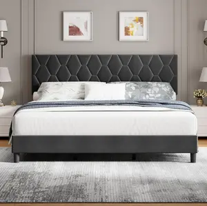 Grey Upholstered Diamond Block King Size Bed Frame, Heavy-Duty Platform with Strong Wood Slats, No Box Spring Needed, Noise-Free, Easy Setup, Indoor Furniture Bed Frame