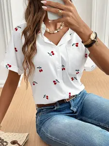 A women's white short-sleeve shirt, Blouse, with cherry prints, featuring a fresh and sweet casual style, perfect for relaxed casual settings like daily street strolls, coffee afternoon tea, or weekend gatherings