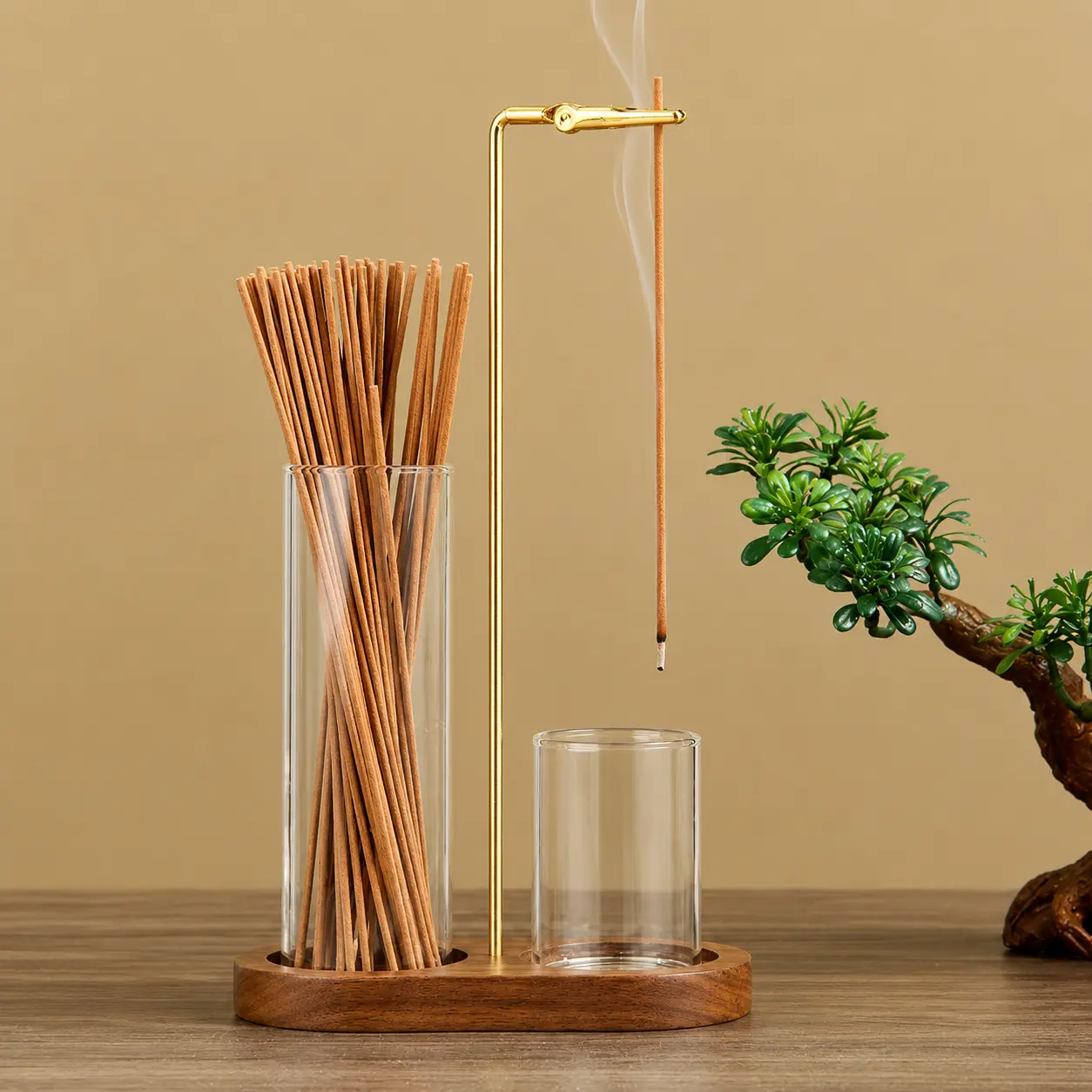 2-in-1 Incense-Candle Holder with Wooden Base, Aromatherapy Burner with Removable Glass Ash Collector, Home Room Decor for Living Room-Bedroom, Scented Fragrance Gift