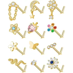 12 count Nose Ring Nose Stud L Shaped Snake Butterfly CZ Flower Moon Dangle Nose Rings Stud for Women Men   Tone 20G