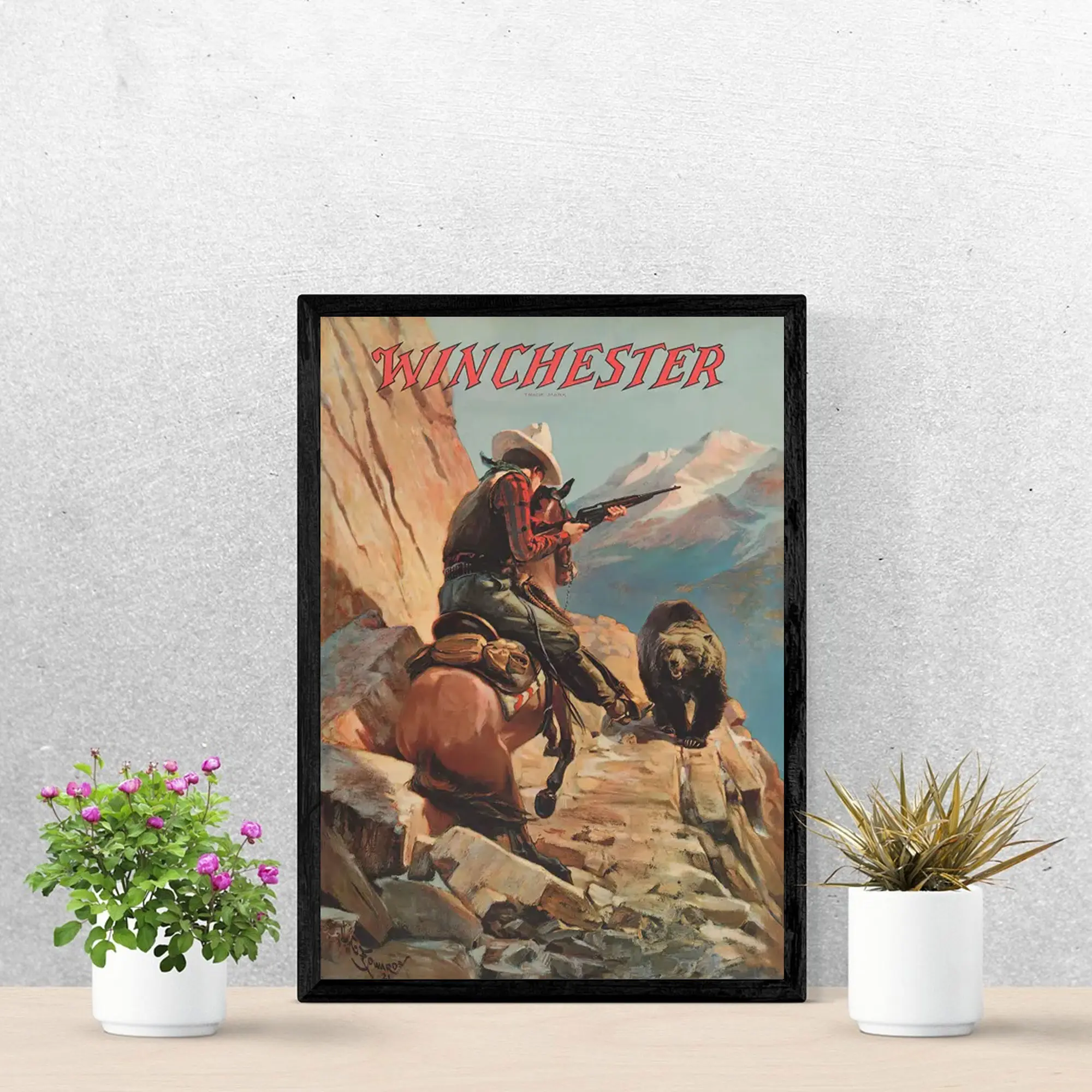Winchester Cowboy Bear Hunting Vintage Poster, Retro Western Horseman Rifle Art Print, Rustic Garage & Man Cave Decor Gift for Huters