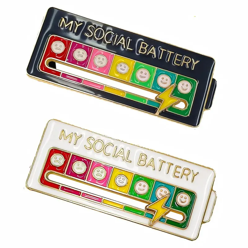 BMTWE 2-PCS Cartoon Expression Social Battery Pins - Sliding Design, Metal Coating, Personalized Brooch Jewelry for Autistic Children, Classmates, All Ages, Birthday Gifts for Bags, Backpacks