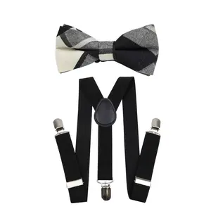 TIE MOOD Black Plaid Kid's Pre-Tied Bow Tie & Black Suspender Set