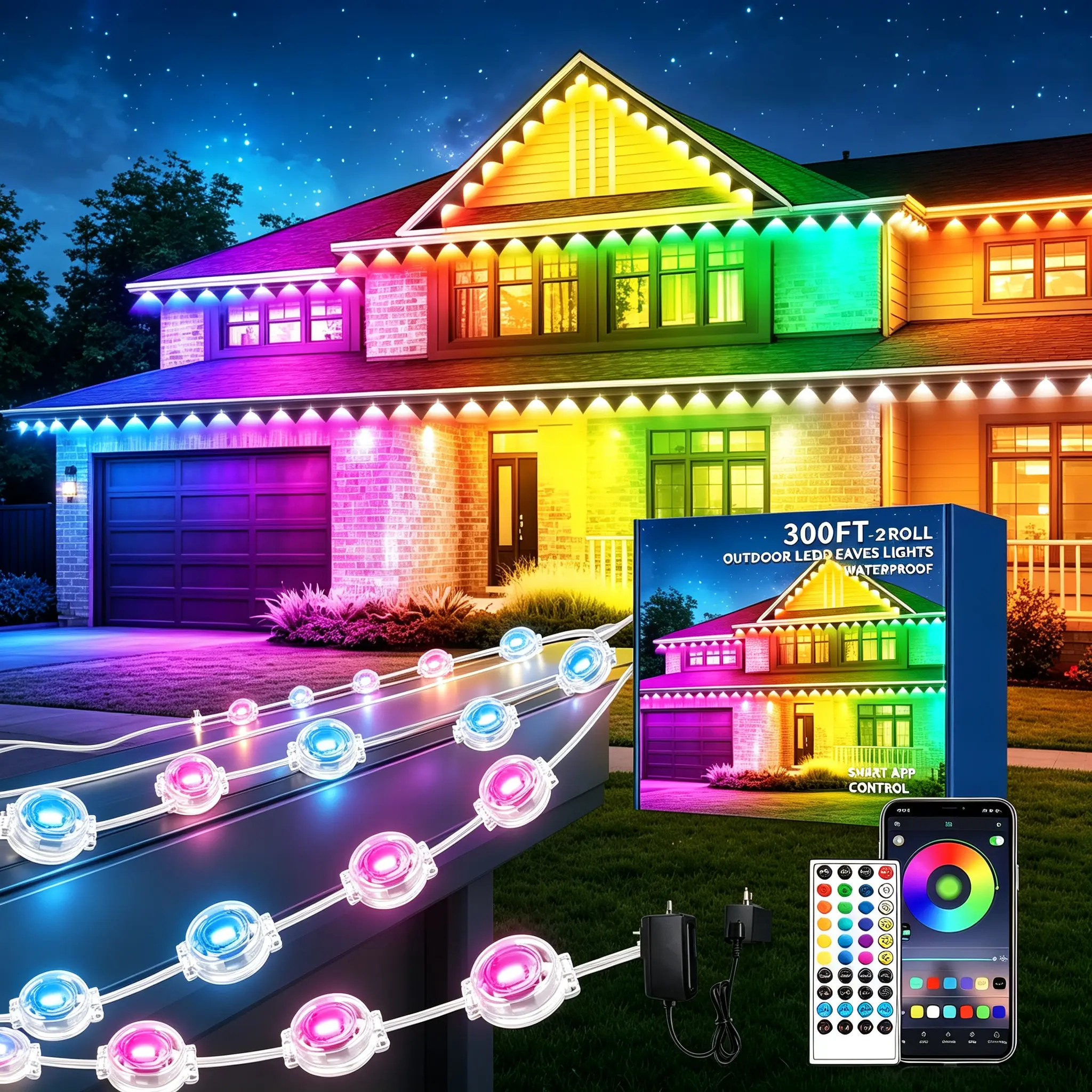 300FT Permanent Outdoor RGB LED Eaves Lights - IP67 Waterproof Smart Fixtures with App/Remote Control, for Christmas Decor & House Roof Accent Use