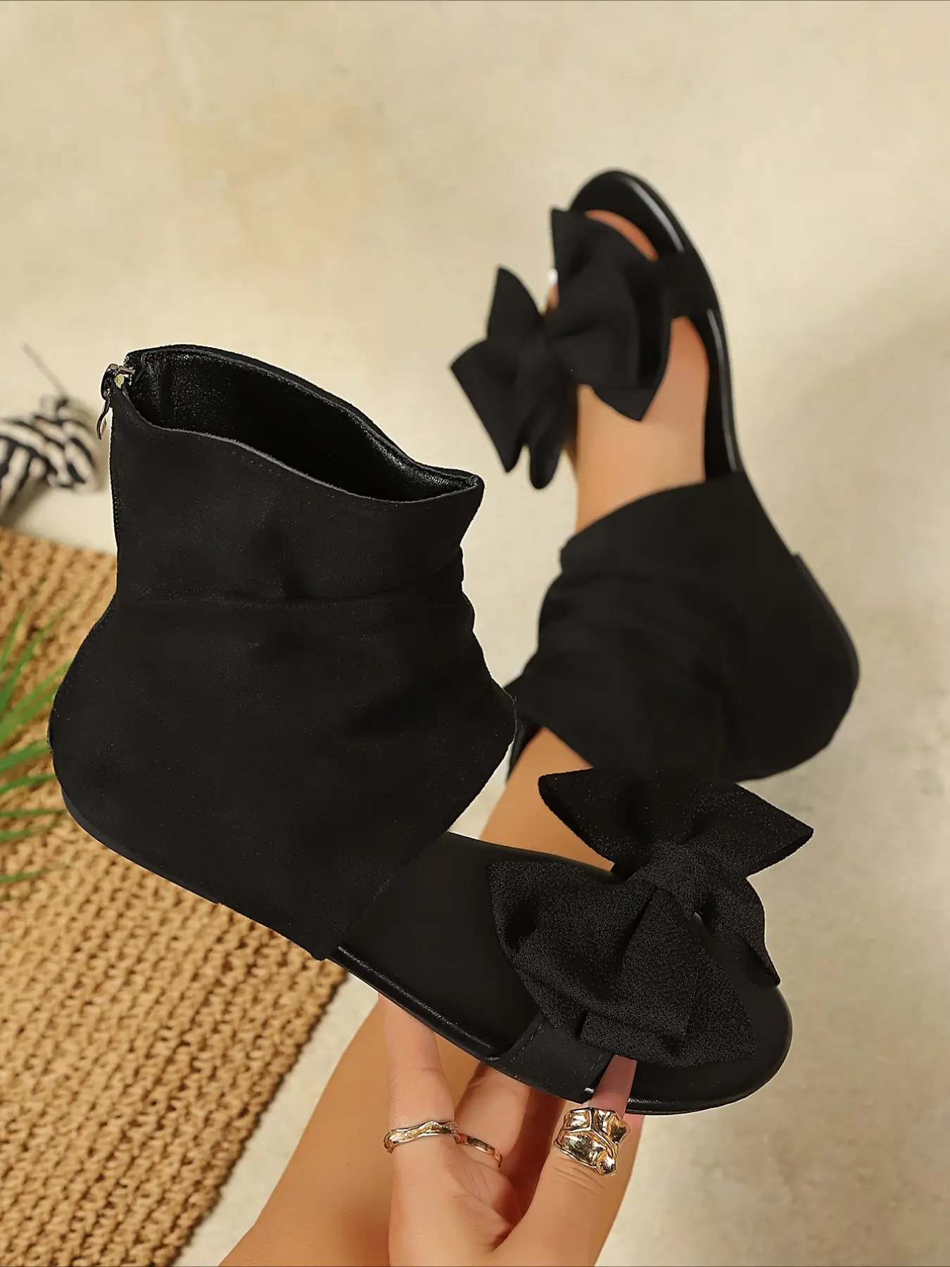Suede Bowknot Open-Toe Ankle Boots, Back-Zipper Design Flat Short Boots, Boho-Style Versatile Women's Shoes, Open Toe Bootie