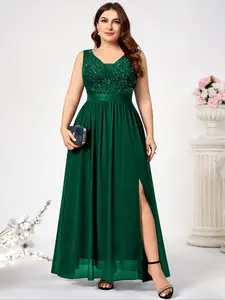 MISSMAY YP54225 Plus Deep V Neck Sparkly Sequin Floral Lace Chiffon Zipper Sleeveless Formal Evening Party Prom Maxi Dress