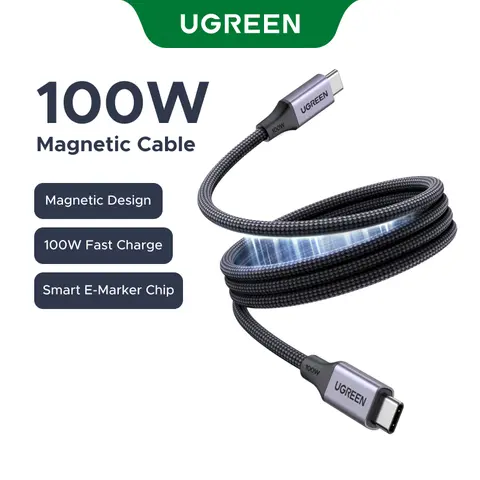 UGREEN USB-C to USB-C Magnetic Charging Cable, 100W High Power Fast Charging Cord for Car, 3.3ft Long Mobile Smartphone Cable Compatible with iPhone, iPad & Android