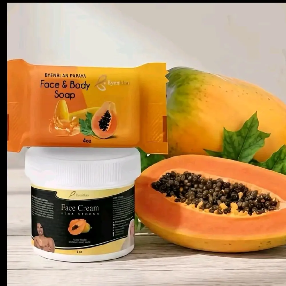 Byenblan Papaya Mini Jar Set - 2 oz Hydrating Face Cream & 7 oz Fresh Soap for All Skin, Acne Repair, Eczema Relief, Strong Moisturization & Tone Correction