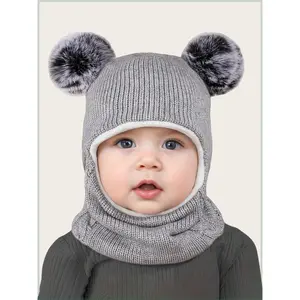 Thickened Warm Infant Toddler Fashion Double Pom-Pom Balaclava Cap, Outdoor Play Walk Travel Ride Warm All-In-One Beanie Hat, 1-3 Years