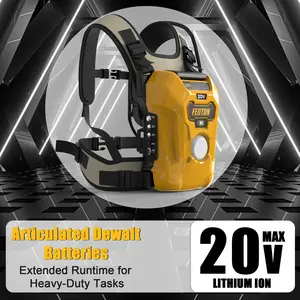 20,000mAh backpack-style battery with high-capacity design, supporting fast charging. Conveniently powers outdoor devices. Charges multiple devices simultaneously. Compatible with 20V DCD/DCF/DCG/DCS series power tools