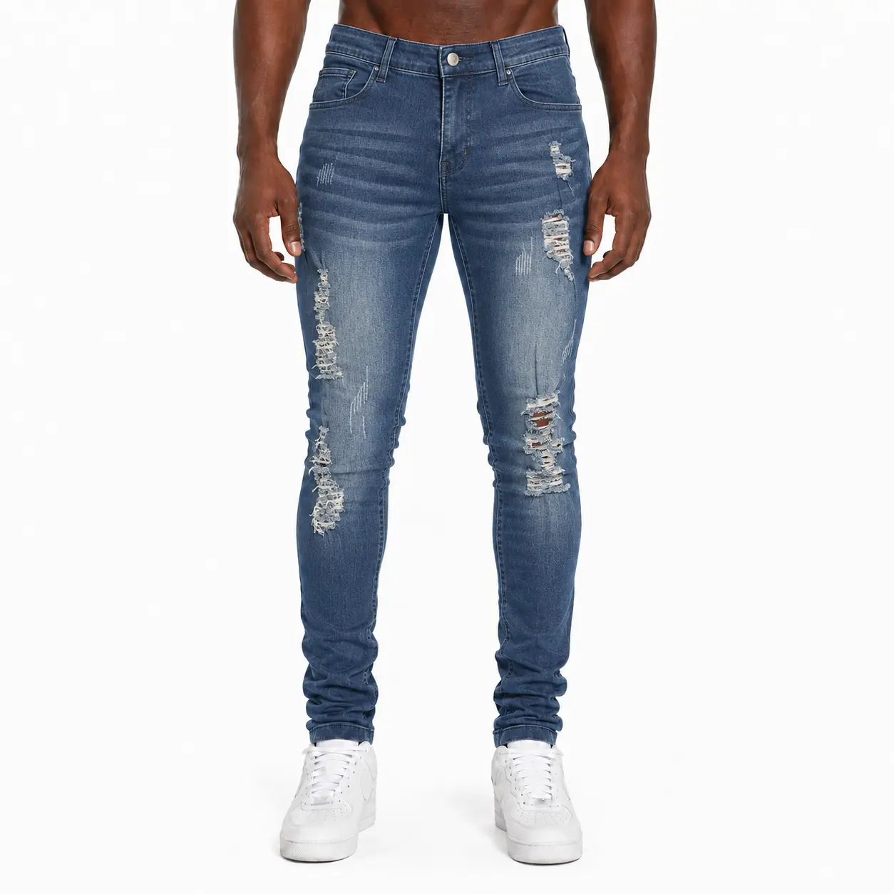 Men's Dark Blue Ripped Skinny Jeans, Stretch Slim Fit Distressed Denim Pants for Men, Washed Tapered Leg Streetwear Trousers with 5-Pocket Design, Zip Fly, Casual Fashion Jeans for Daily Wear, Night Out, Dating, Parties and All-Season Outfits Straight