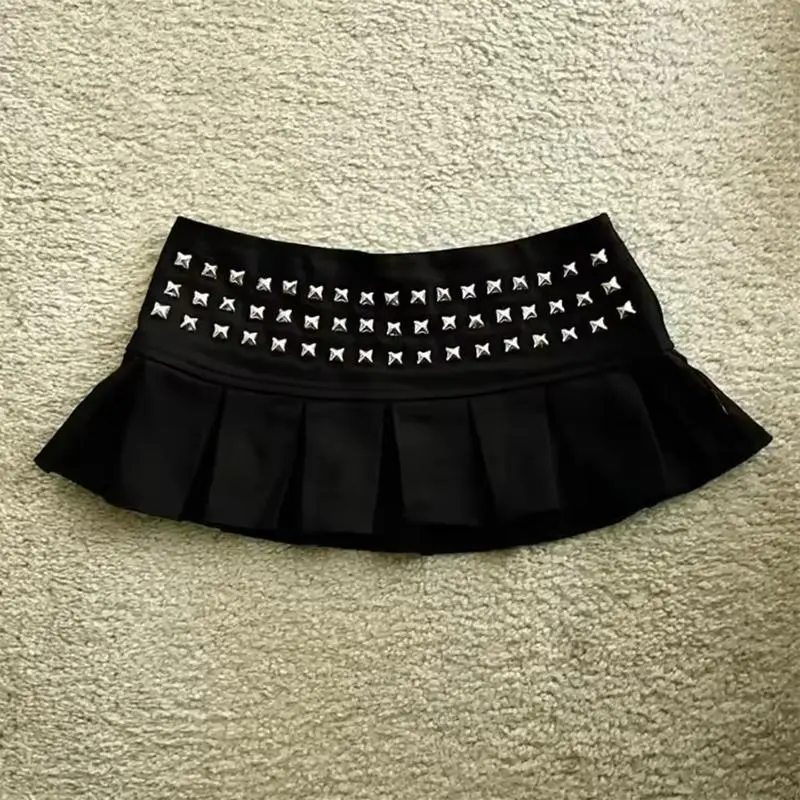 Y2k Kawaii Skirt Womens Clothing Clothes Gothic Punk Studded Mini Skirt Harajuku Sexy Ultra Short Rivet Pleated Skirt Hot Girl