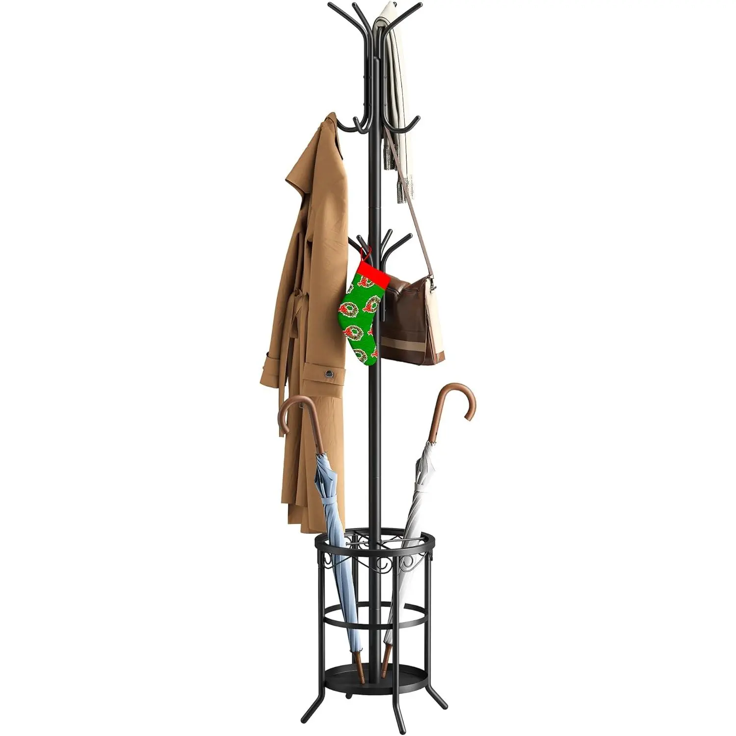 Freestanding Coat Rack With Umbrella Stand and 12 Hooks - Metal Coat Tree, Hat and Jacket Hanger for Entryway (Black)