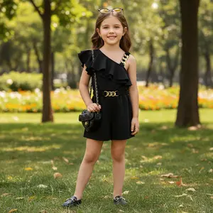[1pc] Little Girls One-Shoulder Romper for Girls, Ruffle Sleeve and Gold Chain Strap with Solid Black Elegant Design, Breathable Elastic Waist Fit for Comfort, Perfect for Summer Birthday Parties and Special Occasions, Ideal for Ages 4-7Years.