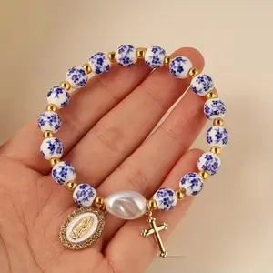 Vintage Blue Floral Porcelain Catholic Bracelet with Guadalupe & Cross Charms Baroque Pearl Faith Jewelry for Her Religious Gift