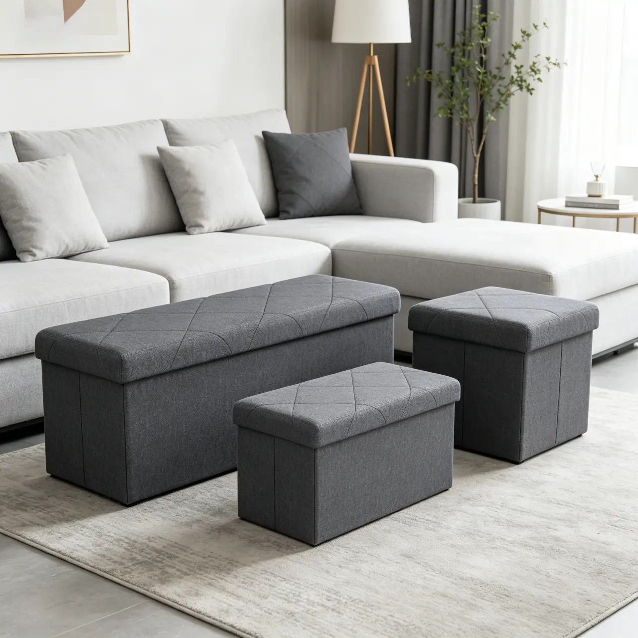 Glam Large-Capacity Foldable Linen Sponge Storage Ottoman Bench - Multifunctional Footstool with Simple Design, Compact Space-Saving Hidden Footrest, Multi-Size Option for Bedroom, Living Room (Suitable for Seniors)